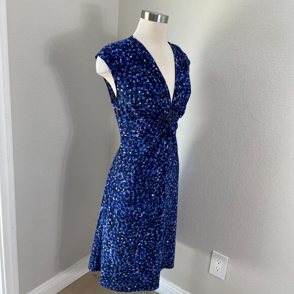 Chaps Womens Large Blue Printed Sleeveless Dress V Neck Stretch - Picture 3 of 9